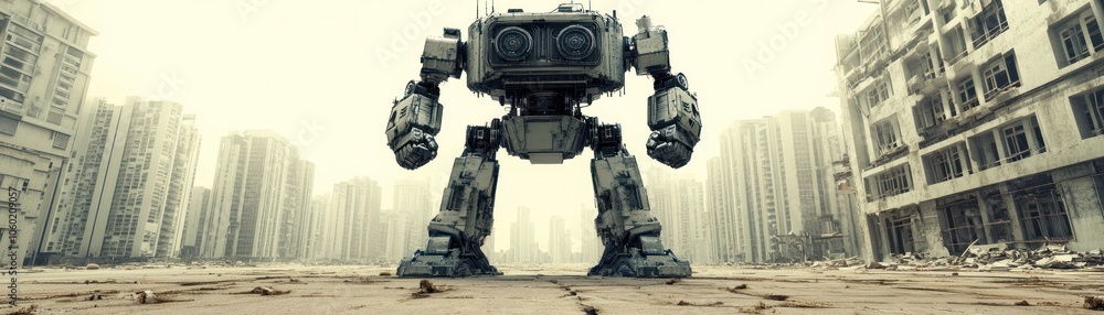 Naklejka premium A large robot stands amidst a desolate urban landscape, suggesting a post-apocalyptic scene.