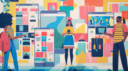 A scene of individuals exploring an e-commerce website on various devices.