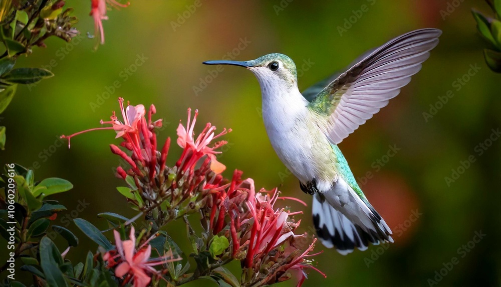 Fototapeta premium A plumeleteer hummingbird hovers by the flowers