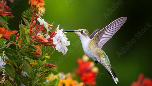 A plumeleteer hummingbird hovers by the flowers photo