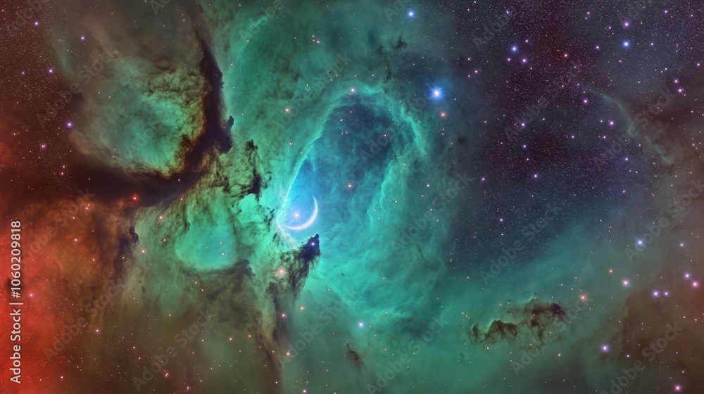 Obraz premium A glowing nebula with bright blue and green hues, dense stars, and a distant crescent moon, set in a serene, dreamlike night sky.