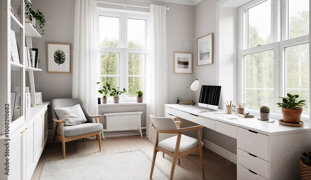 Fototapeta premium A Scandinavian home office with a white desk, a comfortable chair and natural light streaming through a window, soothing tones