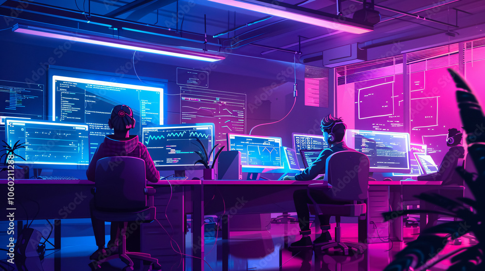 A scene showcasing a team of software developers collaborating, coding, and testing applications in a modern development environment. A scene showcasing a team of software developers collaborating, coding, and testing applications in a modern development environment.
