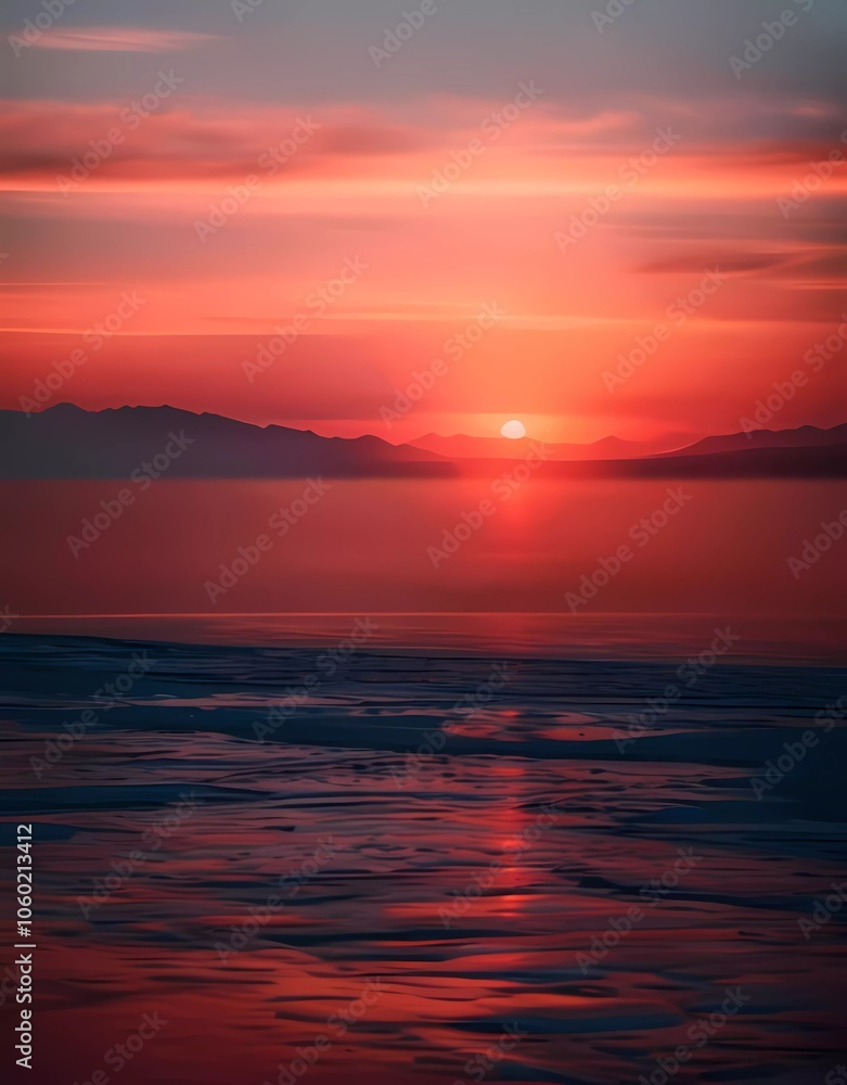 Obraz premium Stunning Sunset Over Calm Ocean with Mountain Silhouettes in the Background