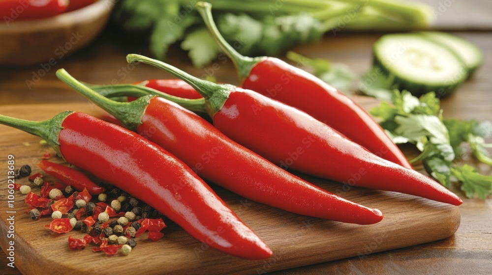 Fresh Red Chili Peppers on Wooden Cutting Board Fresh Red Chili Peppers on Wooden Cutting Board