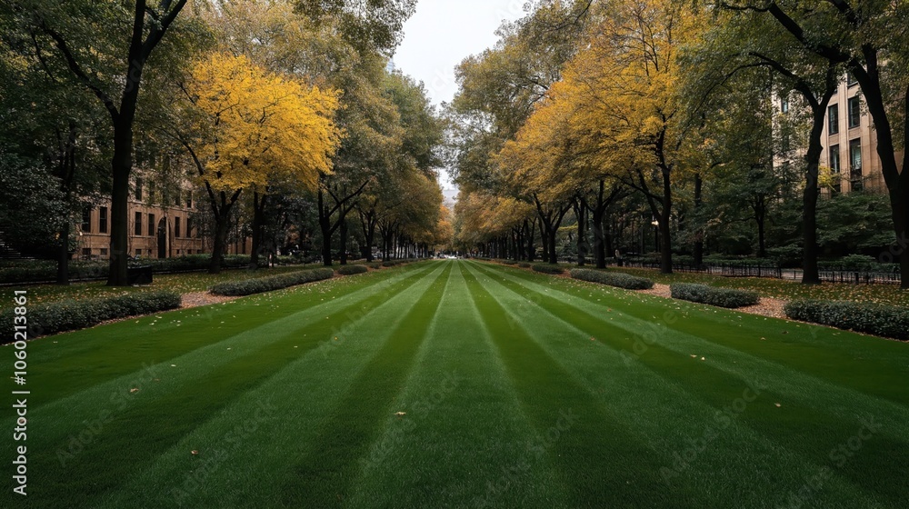 Fototapeta premium Symmetrical tree-lined path with manicured green lawn and yellow autumn leaves in a serene park setting