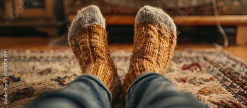 Cozy and relaxing scene of a person s feet resting on a warm wooden floor wearing knitted woolen socks with a soft plush blanket in the background creating a hygge and peaceful atmosphere photo