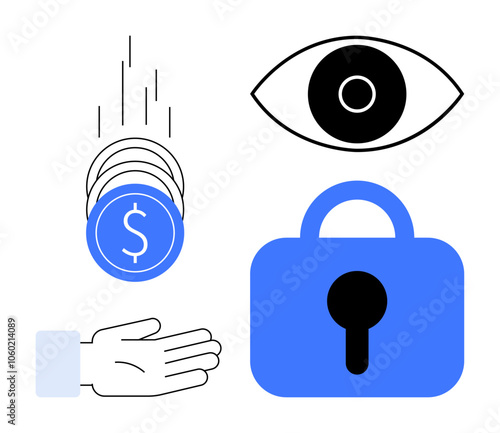 A hand catching falling coins a large eye symbolizing surveillance and a blue padlock representing security. Ideal for finance, safety, data protection, surveillance, digital security. Minimalist