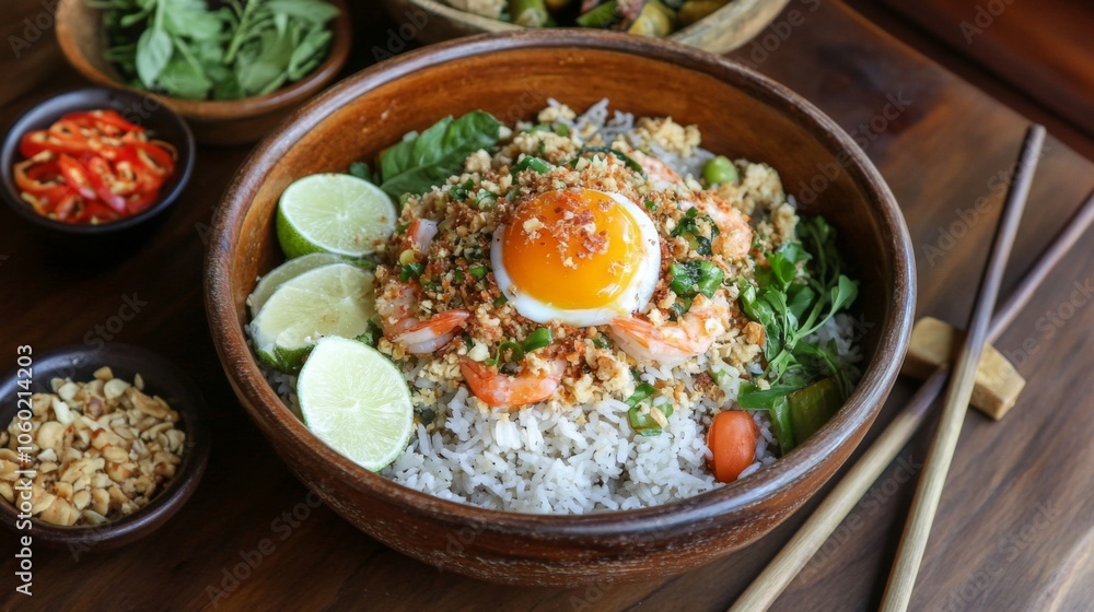 Delicious bowl of rice with shrimp and egg topping Delicious bowl of rice with shrimp and egg topping