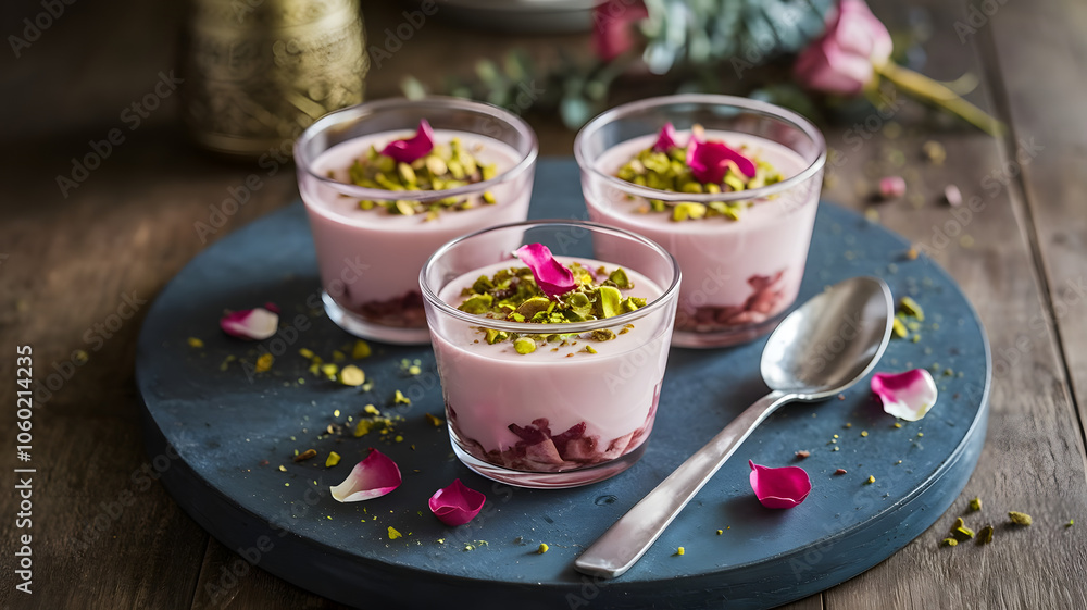 Rose Water Delight: A delicate dessert infused with rose water, beautifully arranged in small cups, topped with crushed pistachios and edible rose petals for a visually appealing treat.
Rose Water Delight: A delicate dessert infused with rose water, beautifully arranged in small cups, topped with crushed pistachios and edible rose petals for a visually appealing treat.