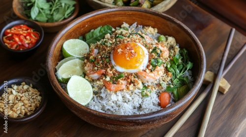 Delicious bowl of rice with shrimp and egg topping