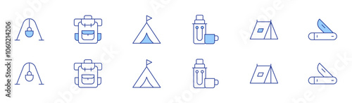 Camping icon set in two styles, Duotone and Thin Line style. Editable stroke. camping, tent, cooking pot, hiking, pocket knife