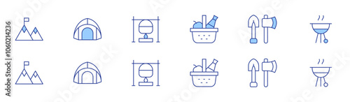 Camping icon set in two styles, Duotone and Thin Line style. Editable stroke. hiking, picnic basket, tools, camping tent, pot on fire, barbecue