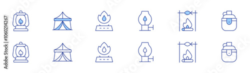 Camping icon set in two styles, Duotone and Thin Line style. Editable stroke. lantern, tent, oil lamp, gas stove, bonfire, water bottle