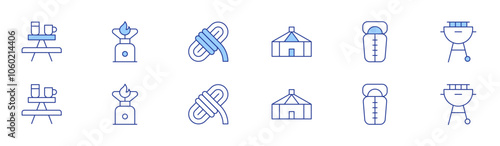 Camping icon set in two styles, Duotone and Thin Line style. Editable stroke. yurt, sleeping bag, camping table, grill, camping, rope