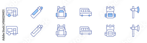 Camping icon set in two styles, Duotone and Thin Line style. Editable stroke. van, camper van, lighter, backpack, axe