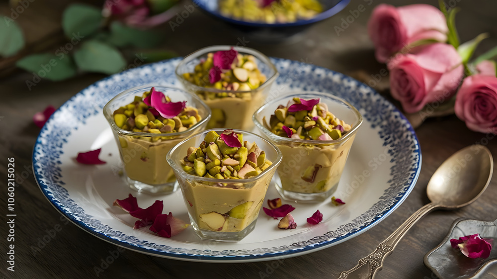 Pistachio Rose: A sweet dessert made with crushed pistachios and flavored with rose water, elegantly presented in small cups, garnished with rose petals.
Pistachio Rose: A sweet dessert made with crushed pistachios and flavored with rose water, elegantly presented in small cups, garnished with rose petals.