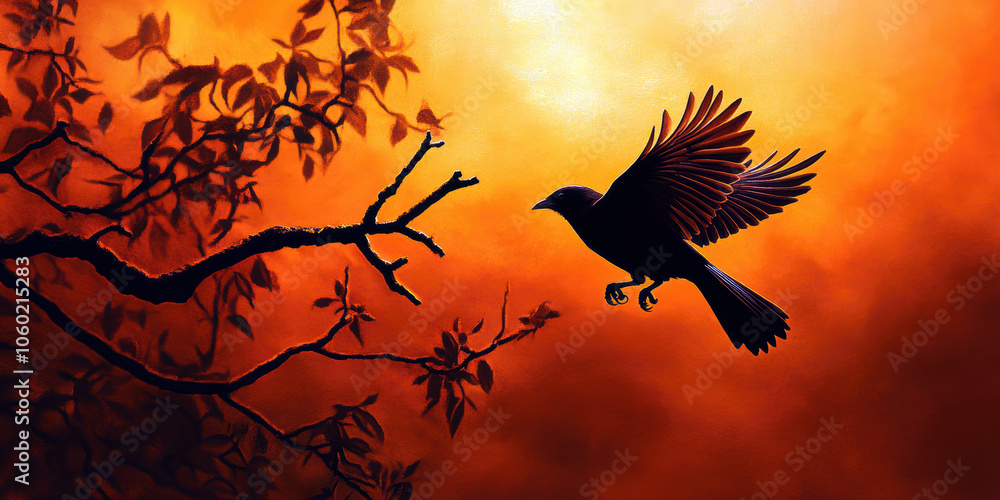 Fototapeta premium A stunning silhouette of a bird takes flight against a mesmerizing backdrop of orange hues and shadows, capturing the essence of freedom and beauty in nature.