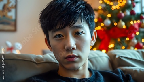 Lonely sad Asian teenager boy sitting alone at christmas time, isolation solitude depression and loneliness concept photo