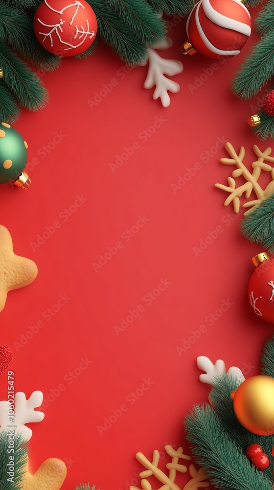 Obraz premium Festive cute christmas frame made of clay with christmas ornament decoration on red background