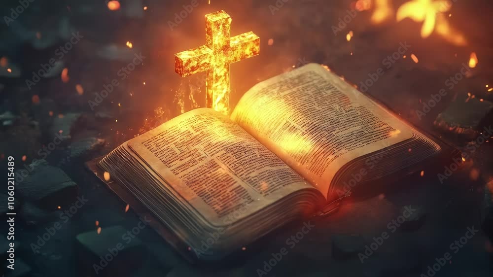 Golden cross shines brightly over an open bible resting on a wooden surface. The light illuminates the pages, creating a serene and spiritual atmosphere. The concept of religion, church and Easter.