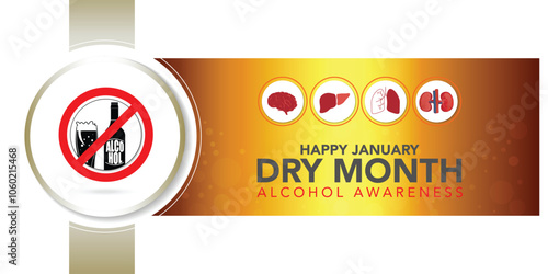 Dry January banner with overturned wine glasses border and text in frame. Alcohol free month challenge graphic concept. Vector illustration on red background.