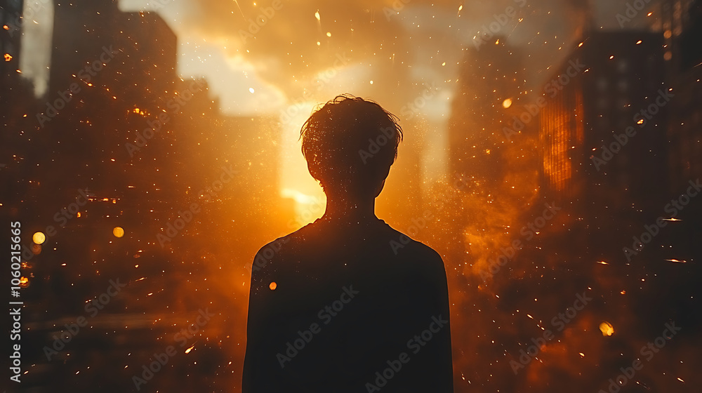 silhouette of person stands against vibrant sunset, surrounded by glowing particles and city buildings. scene evokes sense of wonder and introspection silhouette of person stands against vibrant sunset, surrounded by glowing particles and city buildings. scene evokes sense of wonder and introspection