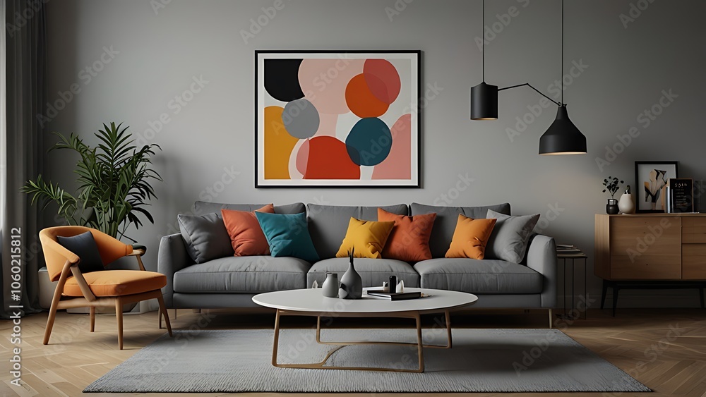 Scandinavian interior home design of modern living room with gray sofa and colorful pillows with pop art colorful abstract frame poster Scandinavian interior home design of modern living room with gray sofa and colorful pillows with pop art colorful abstract frame poster