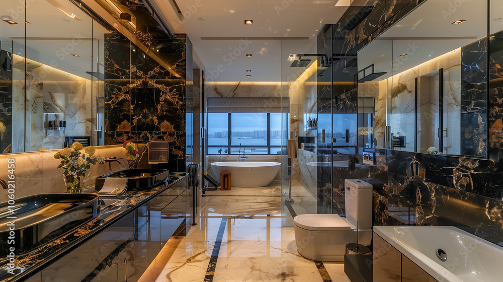 Naklejka premium Modern bathroom with sleek marble surfaces, black fixtures, and a frameless mirror, creating a luxurious, spa-inspired atmosphere.