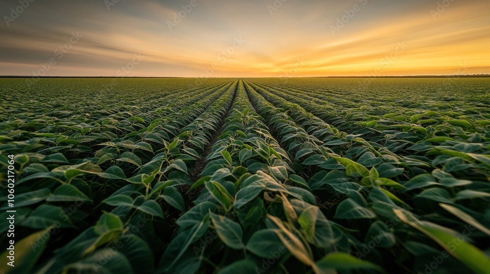 Expansive soybean field with rows of green plants under a dramatic ...