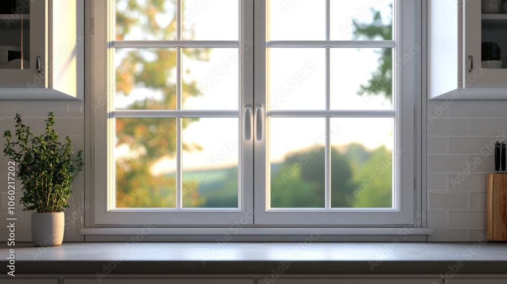 Fototapeta premium A serene kitchen window view showcasing nature outside with a potted plant.