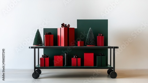 Red Paper boxes parcel in a trolley,concept shopping online,service home delivery,black friday,christmas holiday gift,Shopping cart supermarket with boxes,Sales of products,goods through onlinet. photo