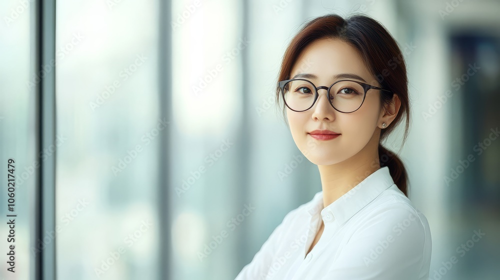 The elegance of a well-dressed professional beside a large window.