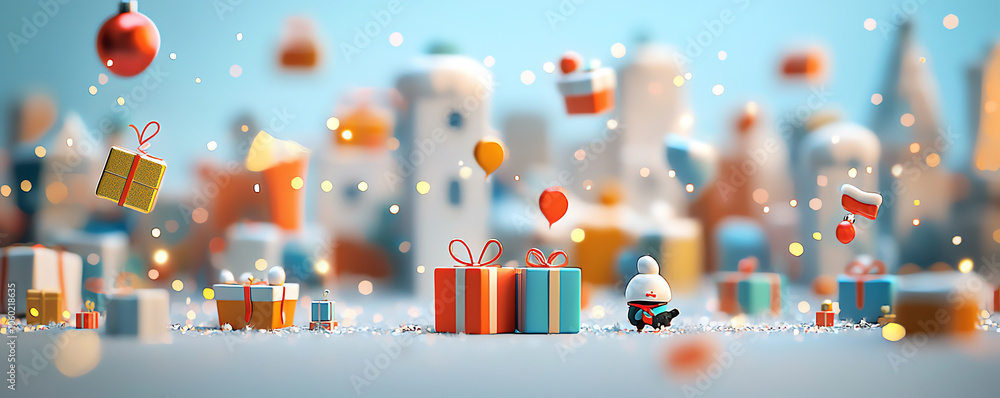 Obraz premium Christmas scene with miniature gift boxes, festive holiday sparkle, 3D illustration