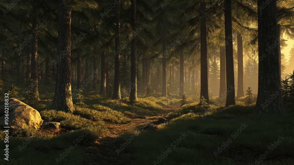 Obraz premium Warm rays of sunlight spill between towering trees, casting a golden glow on a tranquil forest path blanketed in verdant moss, inviting exploration and peace in nature's embrace.