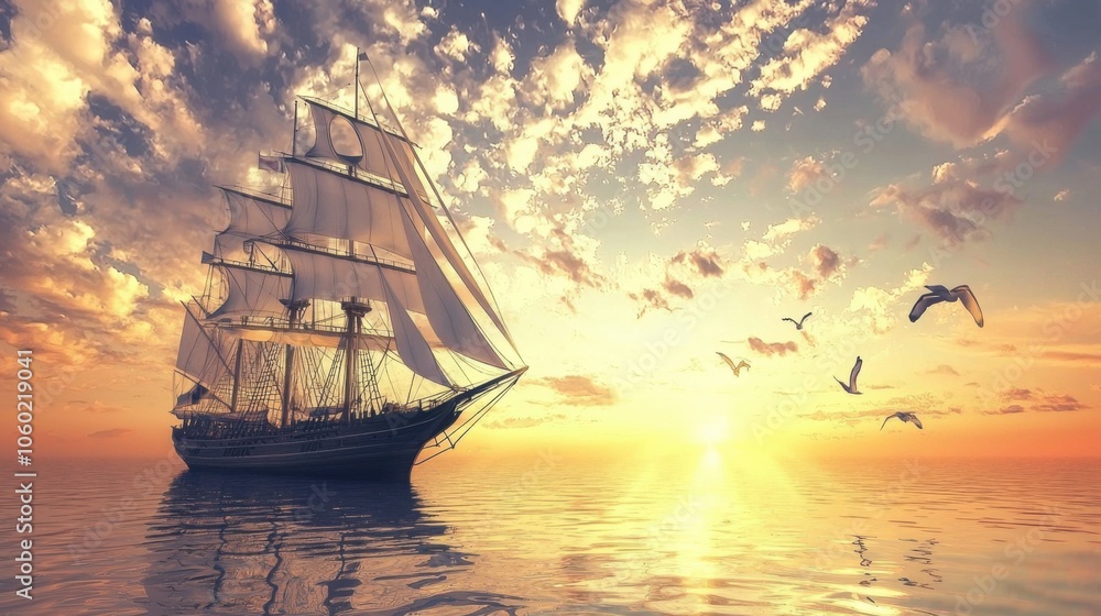 Obraz premium Maritime Voyage: A Sea-Bound Ship Vector Wallpaper
