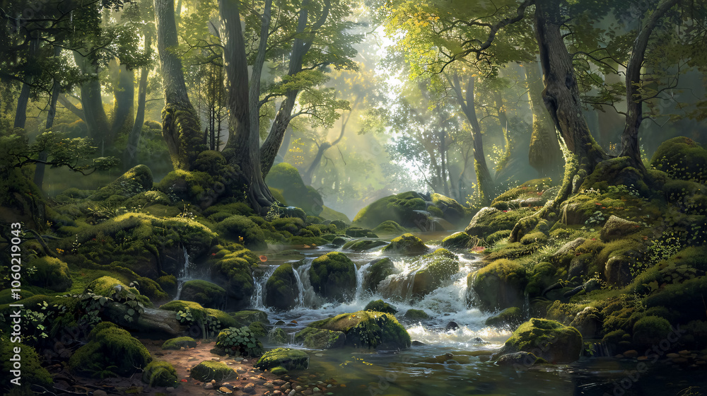 Obraz premium A serene forest glen with a bubbling stream, moss-covered rocks, and a canopy of towering trees.