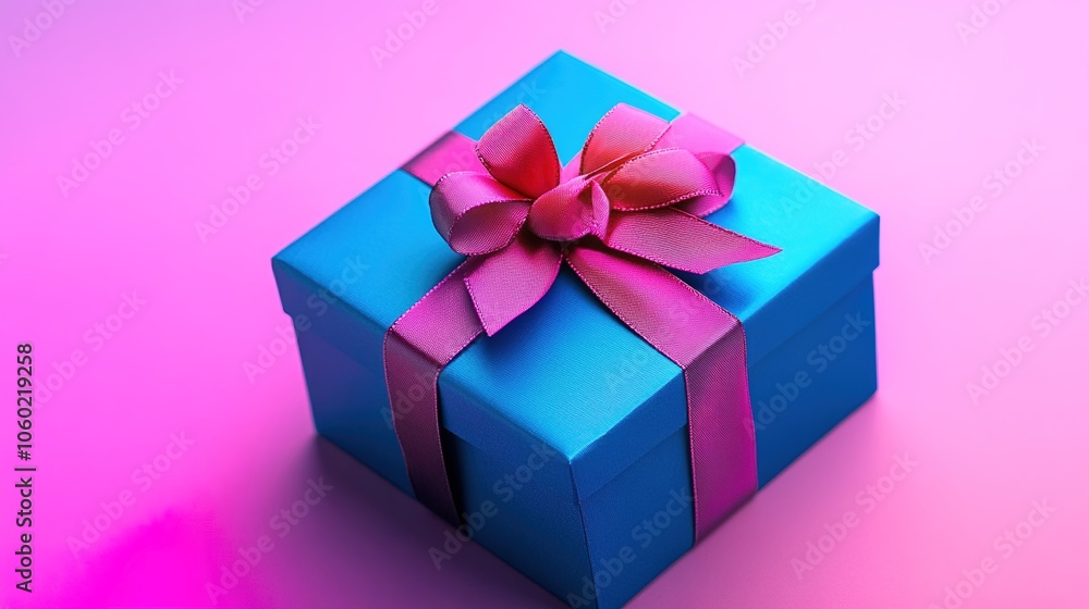 Obraz premium Blue gift box with pink bow on gradient background