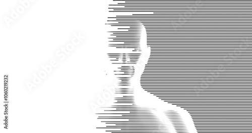 A digital portrait of a person created using horizontal lines of varying thickness to form the contours and features of the face, giving a sense of depth and volume. Vector illustration