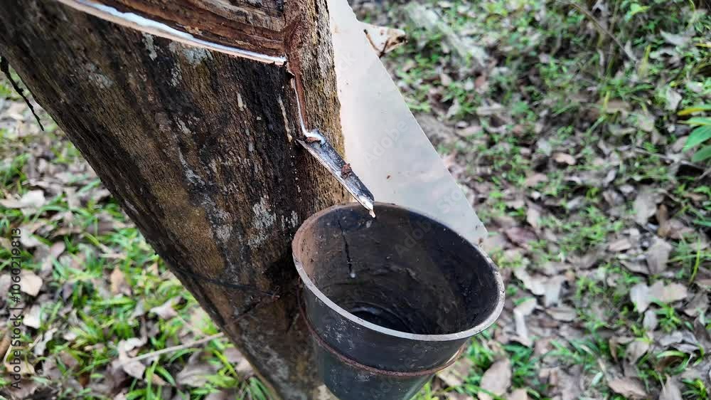 Rubber tree tapping process with collected latex in a cup, relevant to agriculture and sustainability Rubber tree tapping process with collected latex in a cup, relevant to agriculture and sustainability