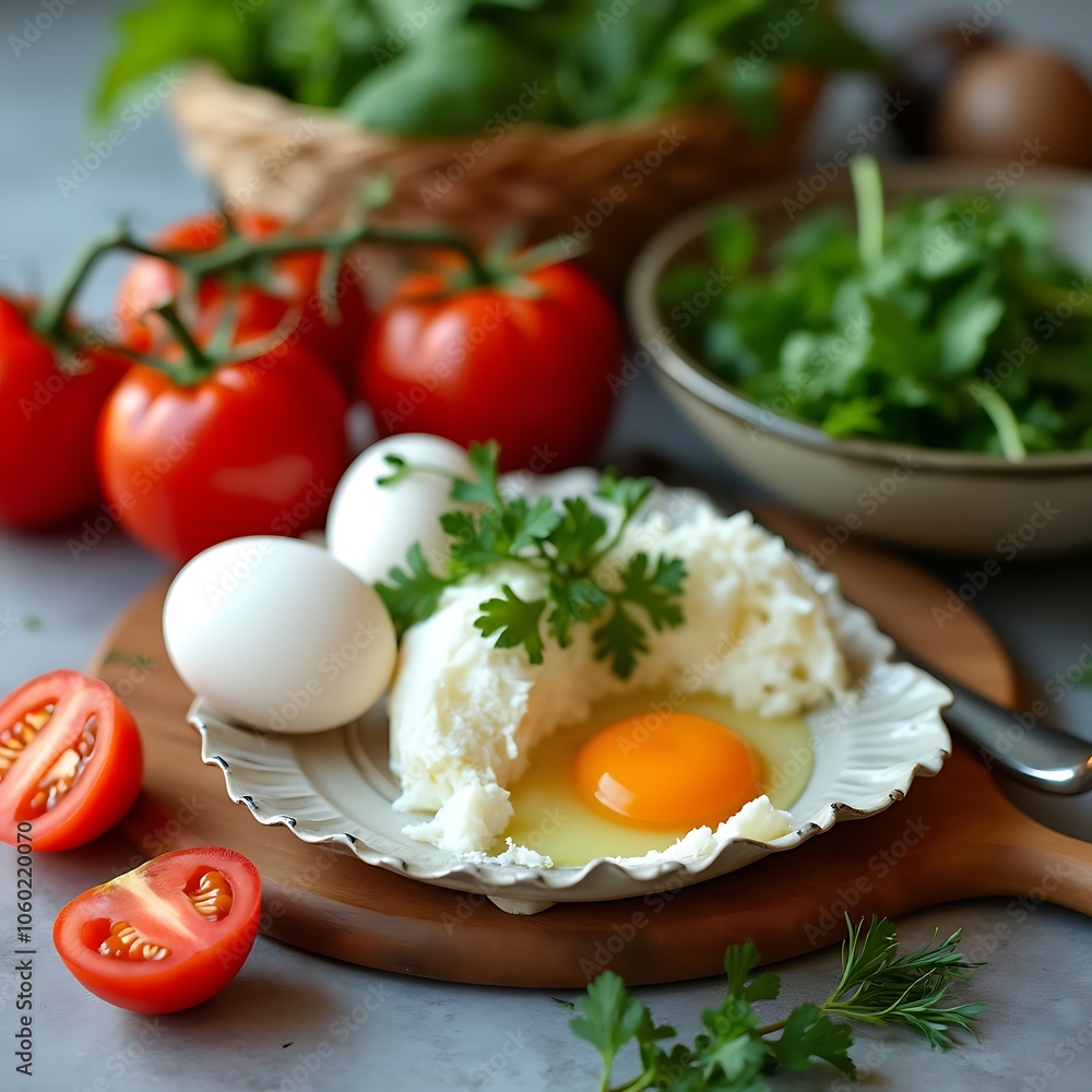 Preparation scene with eggs, tomatoes, and fresh herbs arranged on a kitchen counter Preparation scene with eggs, tomatoes, and fresh herbs arranged on a kitchen counter