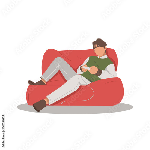 man relaxing playing games flat design illustration