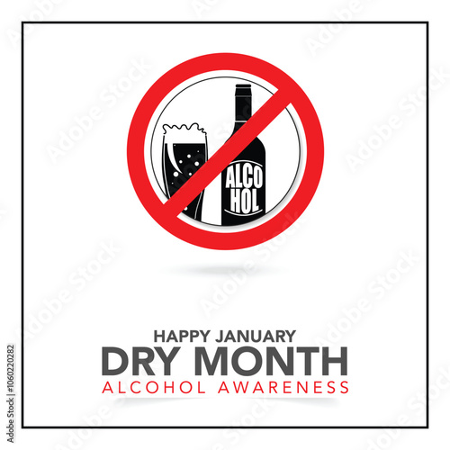 Dry January banner with overturned wine glasses border and text in frame. Alcohol free month challenge graphic concept. Vector illustration on red background.