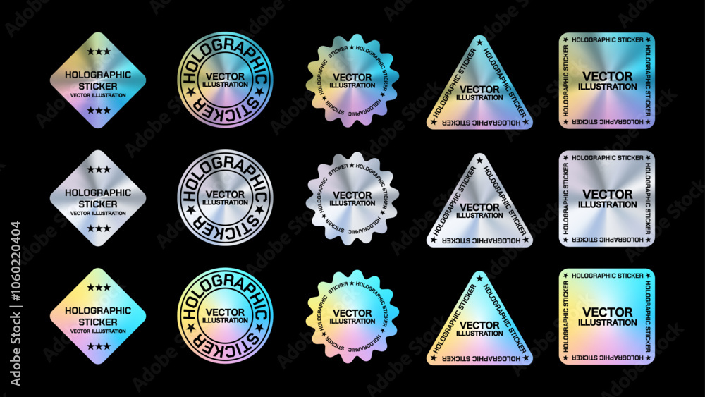 Holographic Labels and Stickers in Various Shapes: Square, Diamond, Triangle, Flower, and Circle. Vector Illustrations for Design Mockups. Vector.