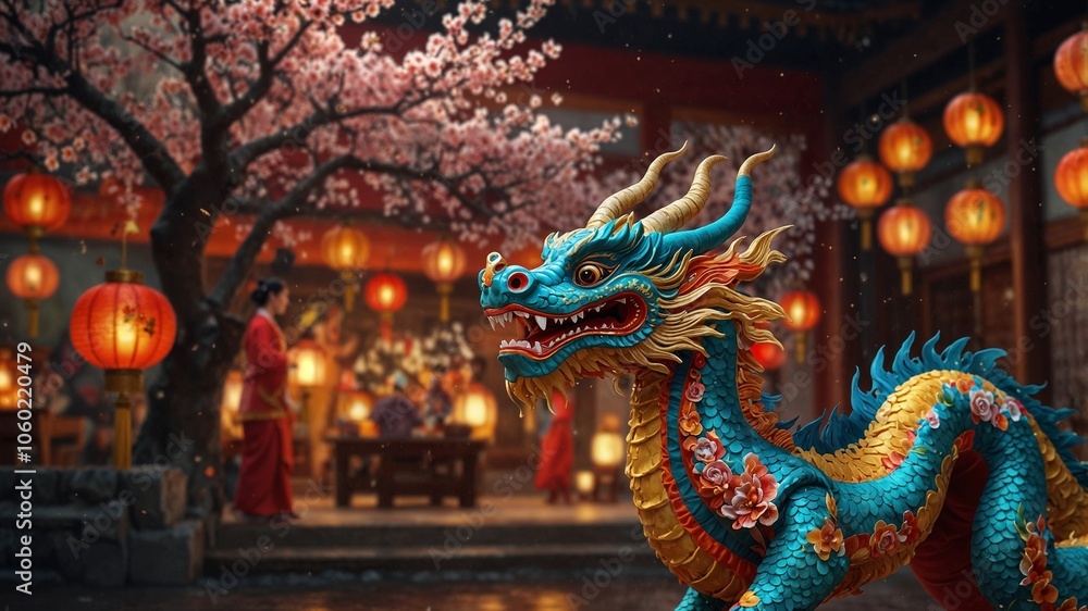 Fototapeta premium A stunning Lunar New Year dragon dancing amid lanterns and cherry blossoms, celebrating Chinese culture and tradition.