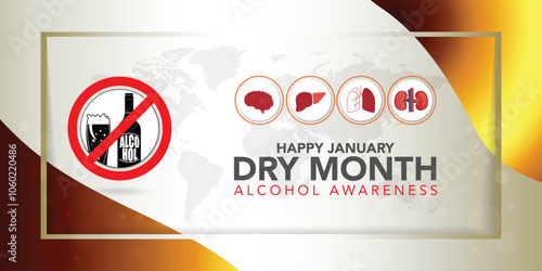 Dry January banner with overturned wine glasses border and text in frame. Alcohol free month challenge graphic concept. Vector illustration on red background.