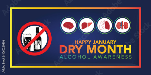 Dry January banner with overturned wine glasses border and text in frame. Alcohol free month challenge graphic concept. Vector illustration on red background.