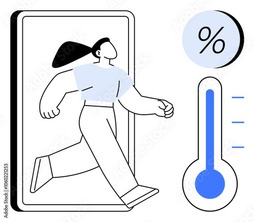 Woman stepping out of smartphone screen, thermometer icon with blue bar, percentage sign in blue circle next to them. Ideal for concepts of digital transformation, progress, technology, growth