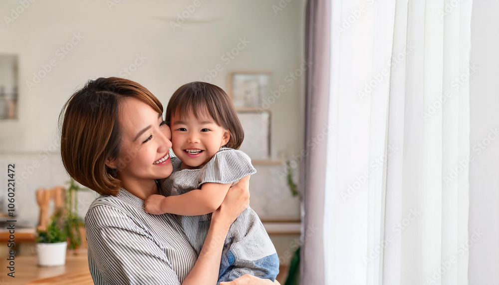 子供を抱っこする笑顔の母親 子供を抱っこする笑顔の母親