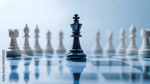 Chess king strategically positioned among opponents on the board in a competitive game environment